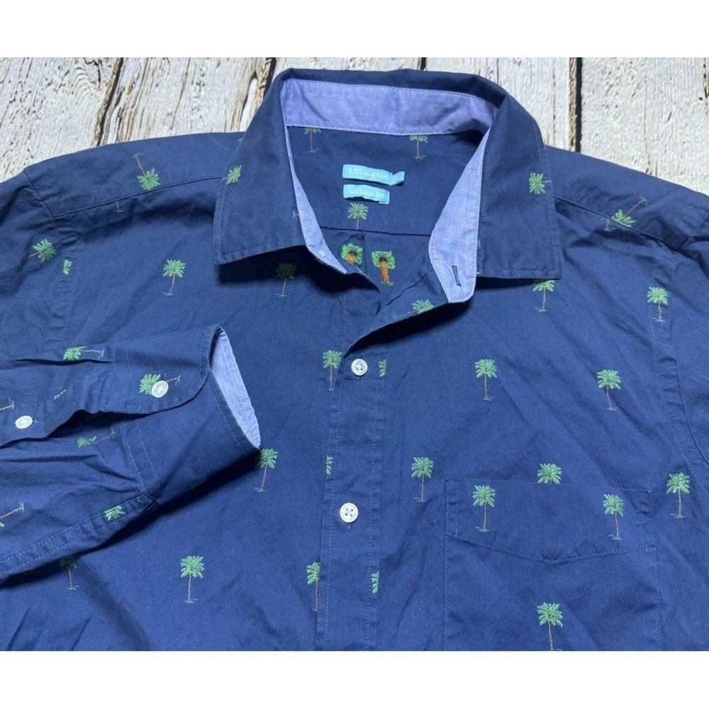 J McLaughlin Shirt Men's Large Palm Tree Blue L/S Preppy Casual Button‎ Up